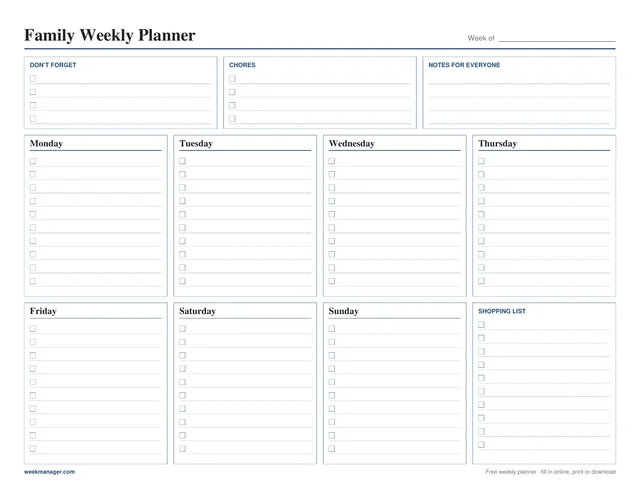Blank family weekly planner template, landscape