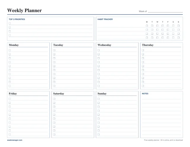 Blank weekly planner template, landscape