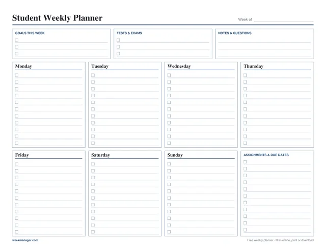 Blank student weekly planner template, landscape