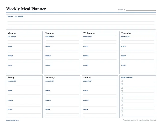 Blank weekly meal planner template, landscape