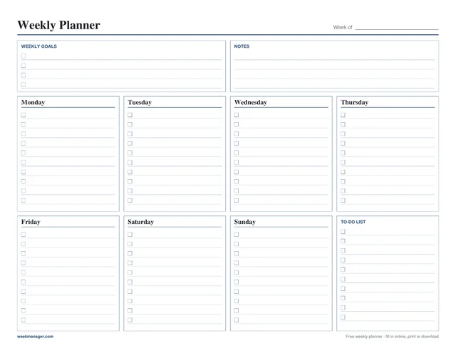 Blank weekly planner template, landscape