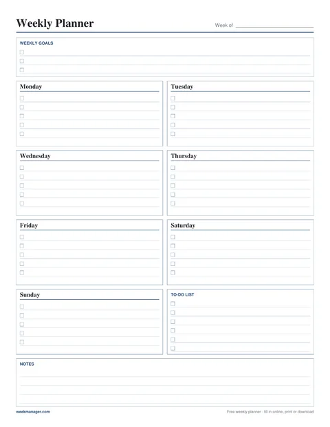 Blank weekly planner template, portrait