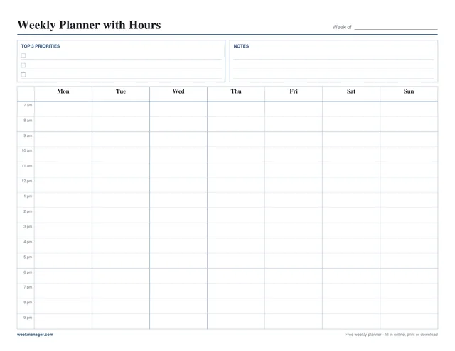 Blank weekly planner with hours template, landscape