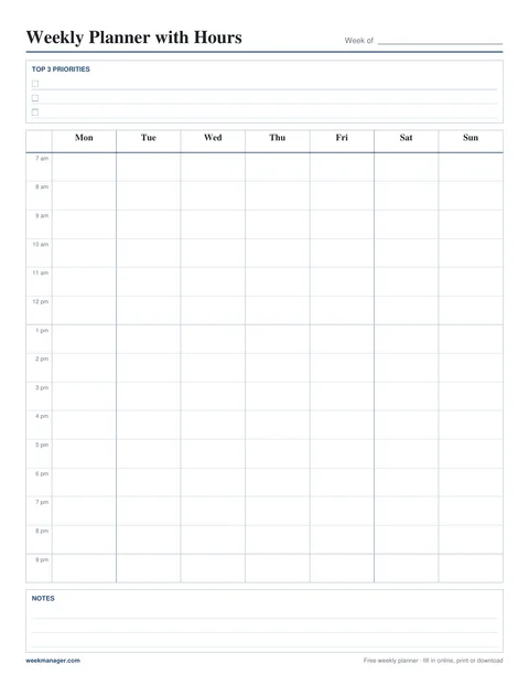 Weekly Planner with Hours template preview