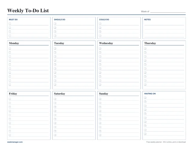 Blank weekly to-do list template, landscape
