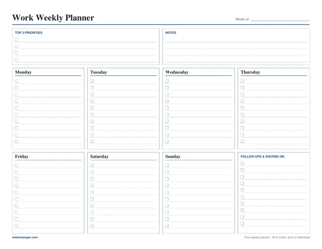 Blank work weekly planner template, landscape